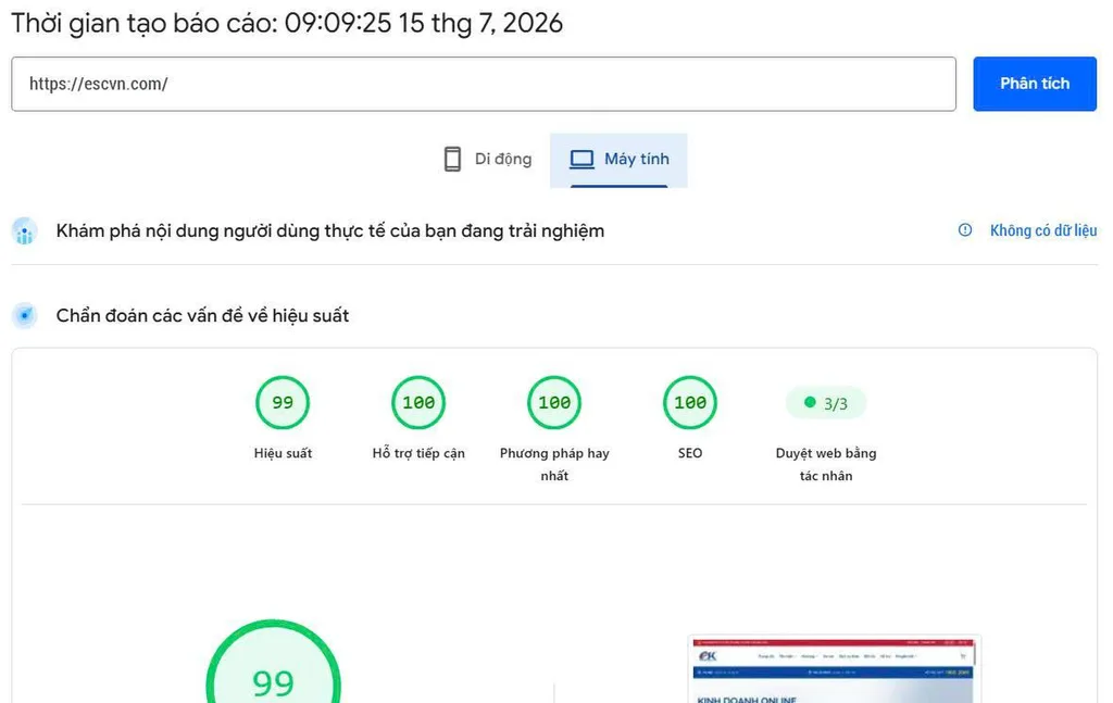 Kết quả PageSpeed 98 điểm