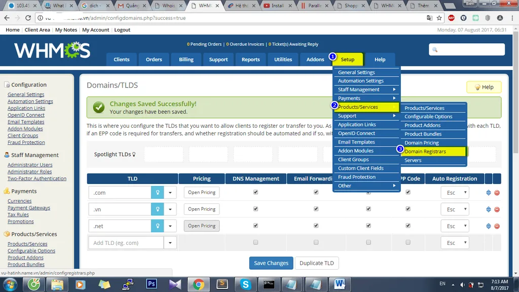 Vào Domain Registrars trong WHMCS Setup