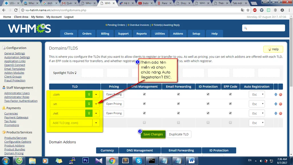 Gán Auto Registration là ESC trong Domain Pricing