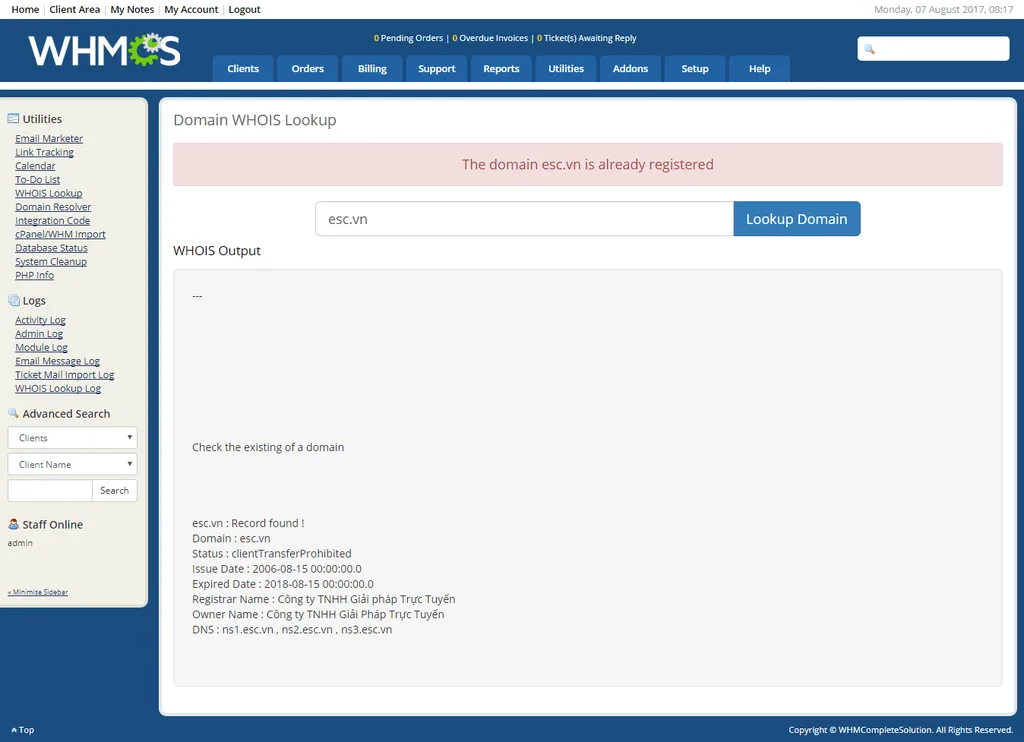 Màn hình kiểm tra Whois tên miền khả dụng trên WHMCS