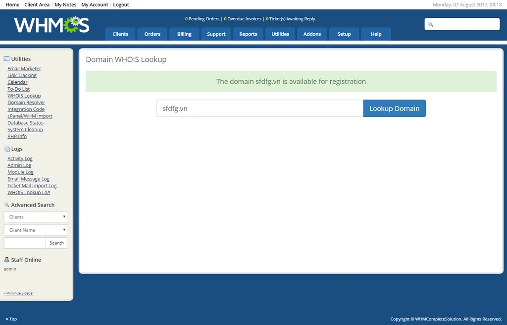 Màn hình kiểm tra Whois tên miền đã đăng ký trên WHMCS
