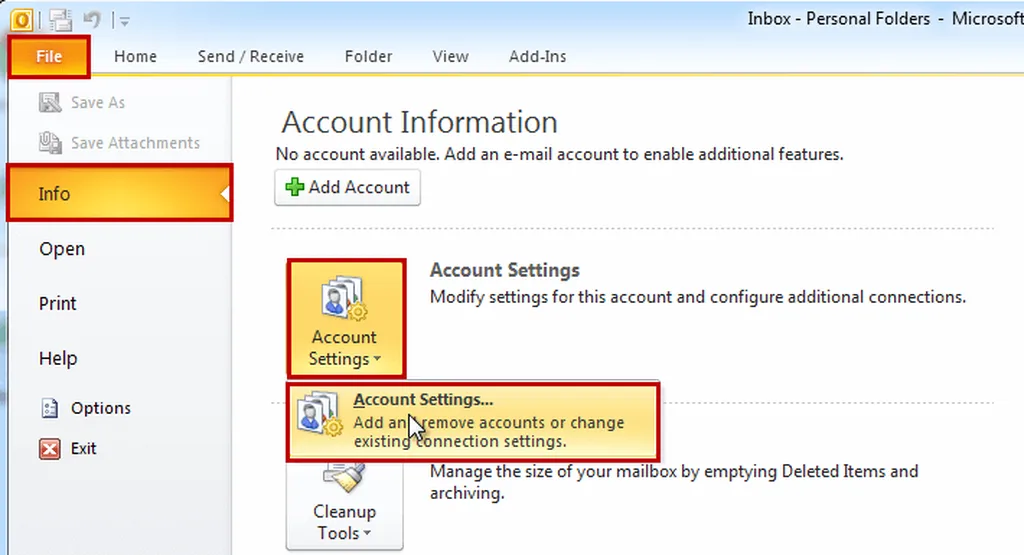 Mở Account Settings trên Outlook 2010