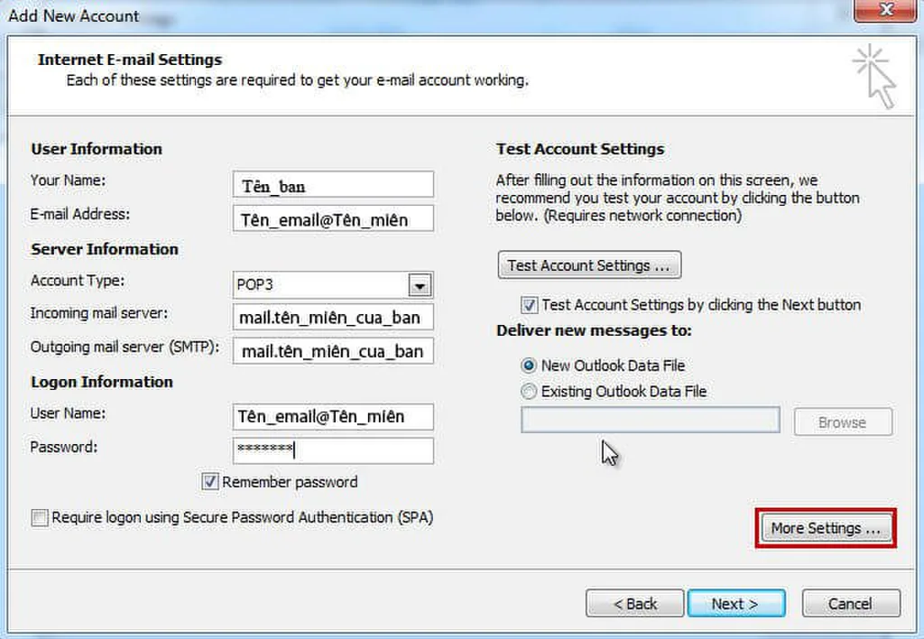 Nhập thông tin Server email