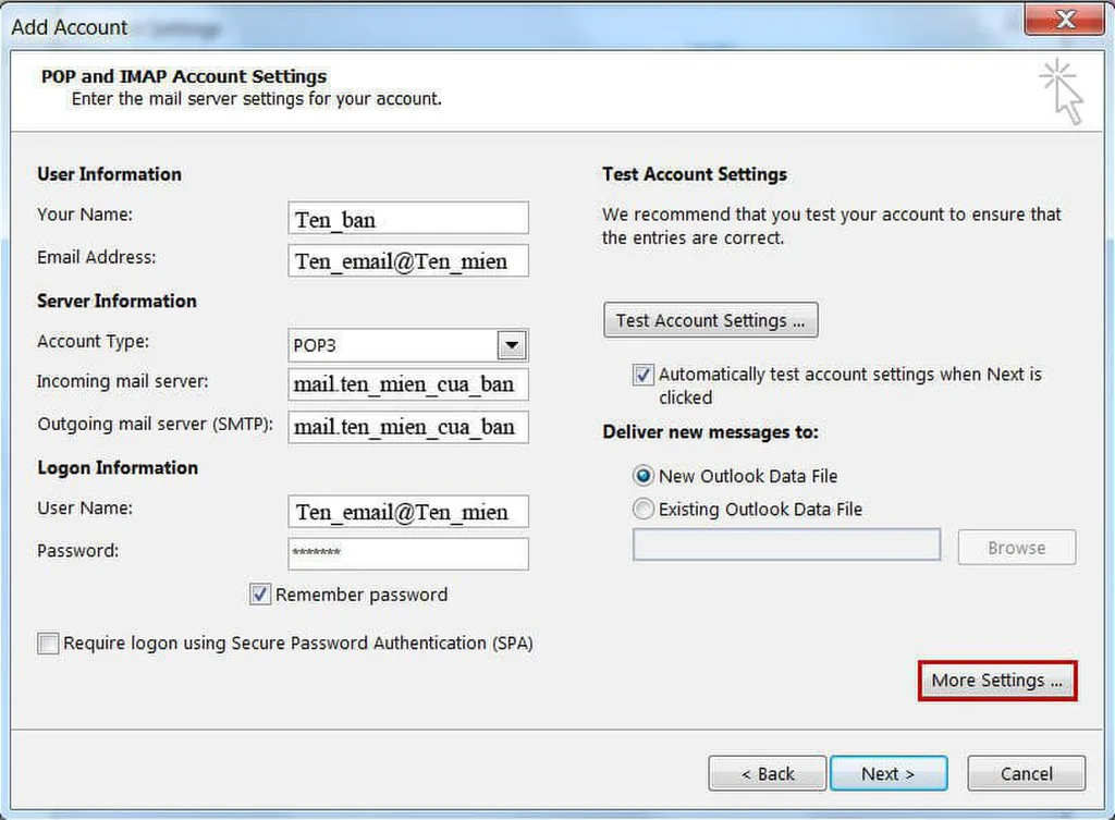 Cấu hình Outgoing Server Authentication