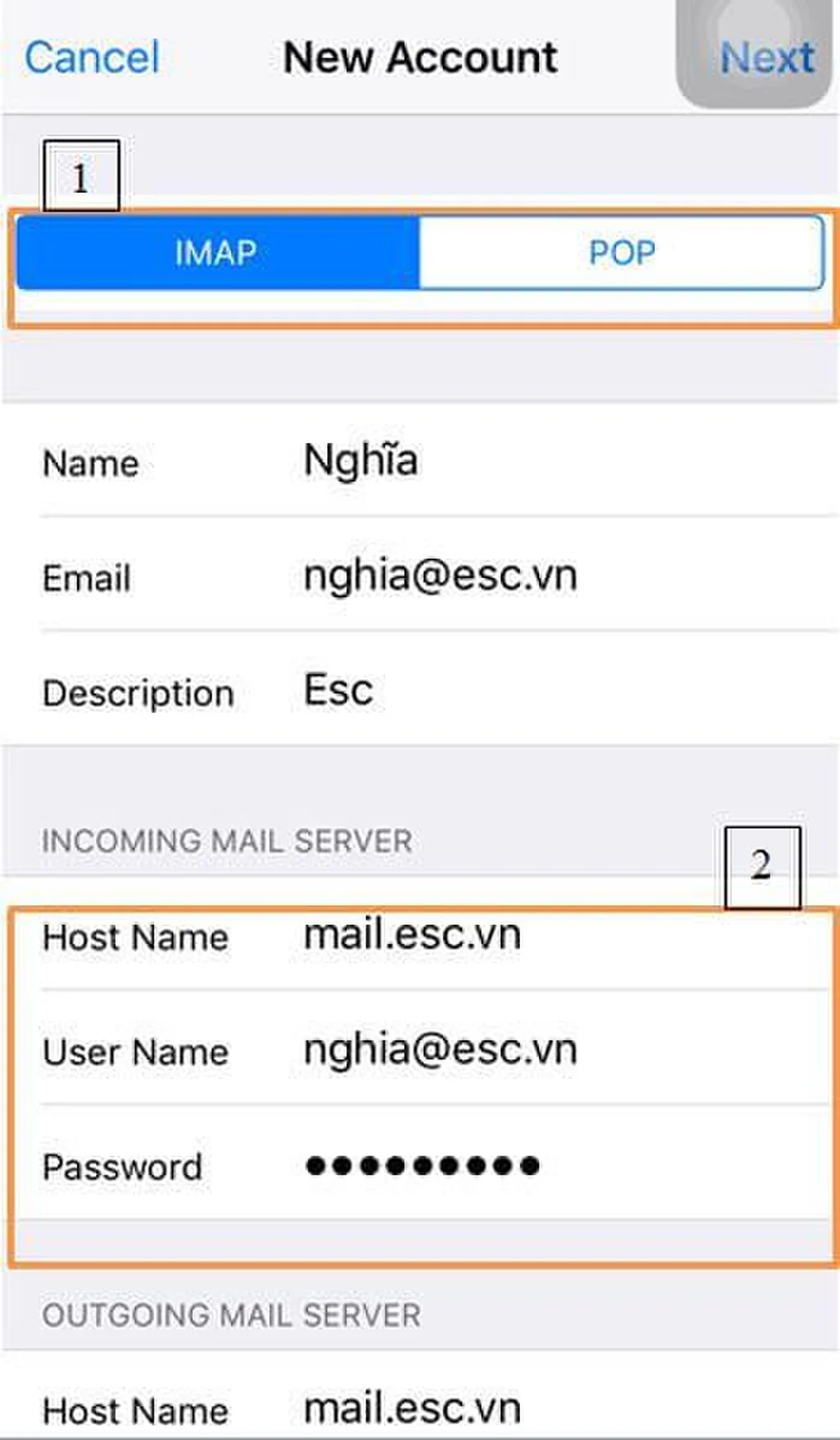 Chọn giao thức IMAP/POP và điền server thông tin