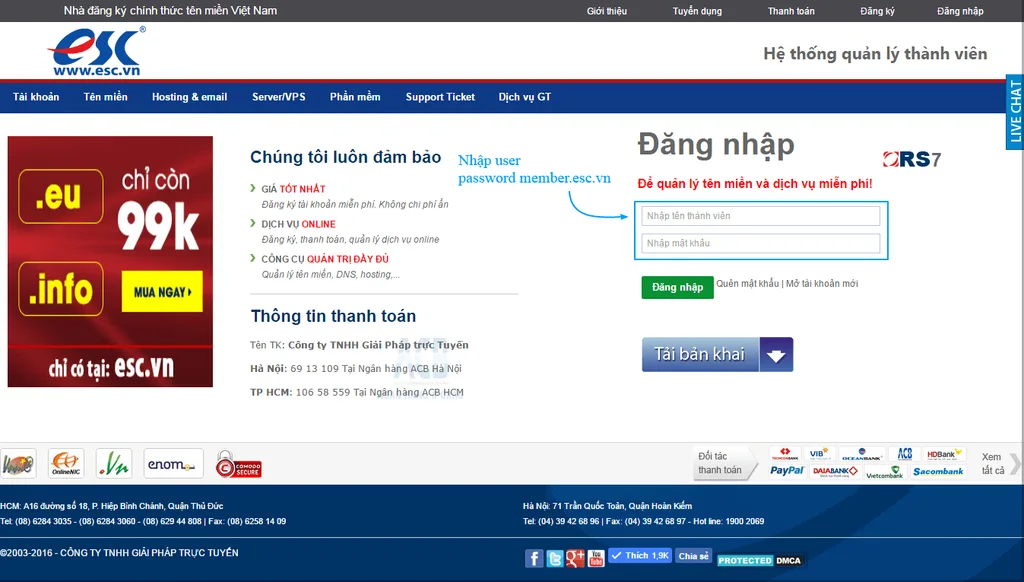 Giao diện đăng nhập hệ thống member ESC