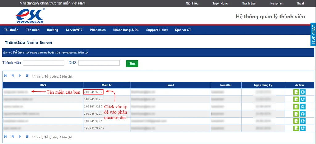 Nhấn vào IP để mở trang cấu hình DNS tên miền