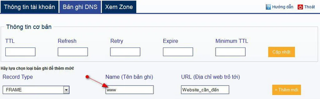 Hướng dẫn tạo bản ghi Frame cho sub-domain www