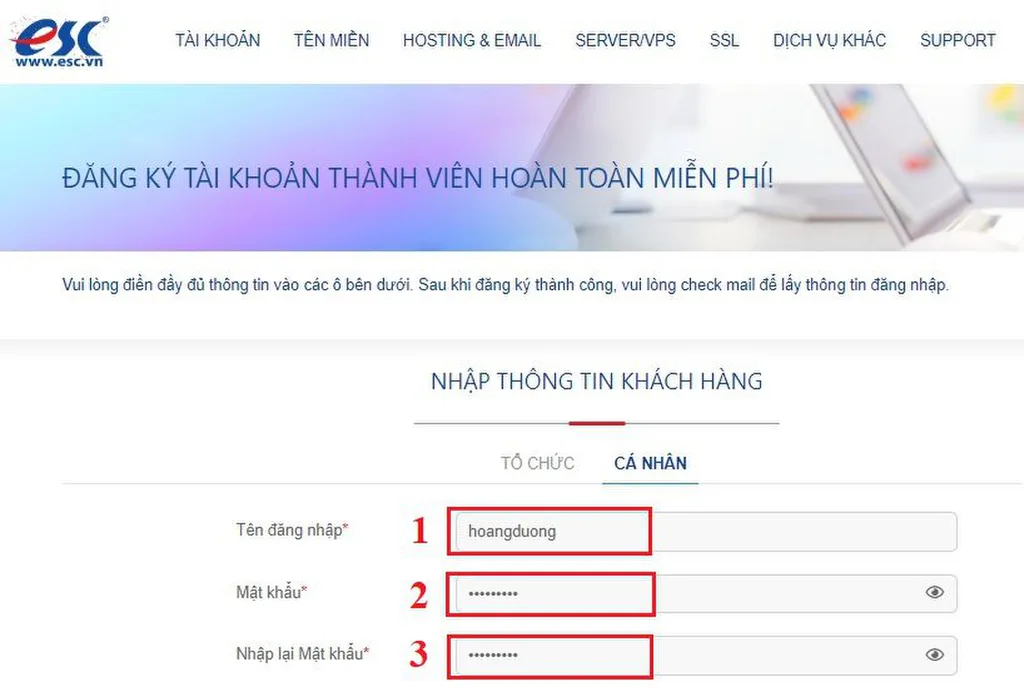 Nhập thông tin tài khoản ESC