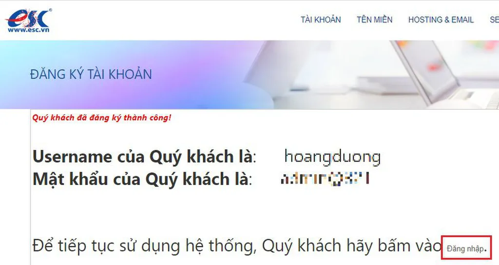 Đăng ký thành công tài khoản ESC