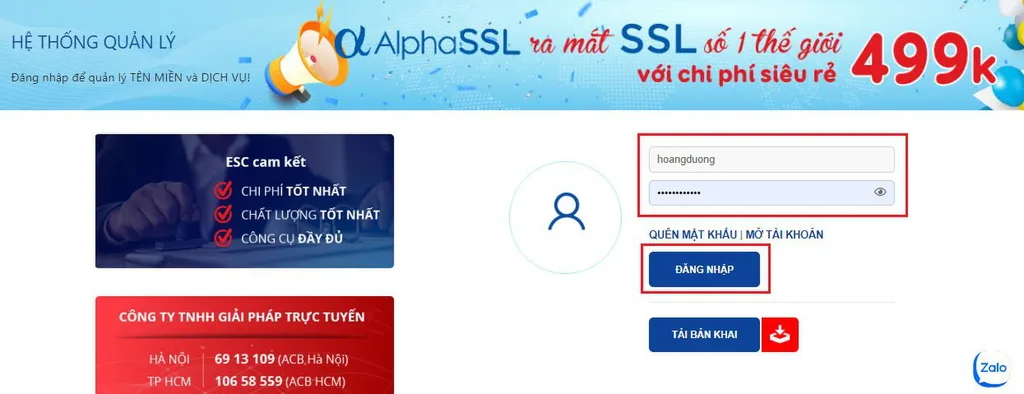 Đăng nhập tài khoản mới tạo