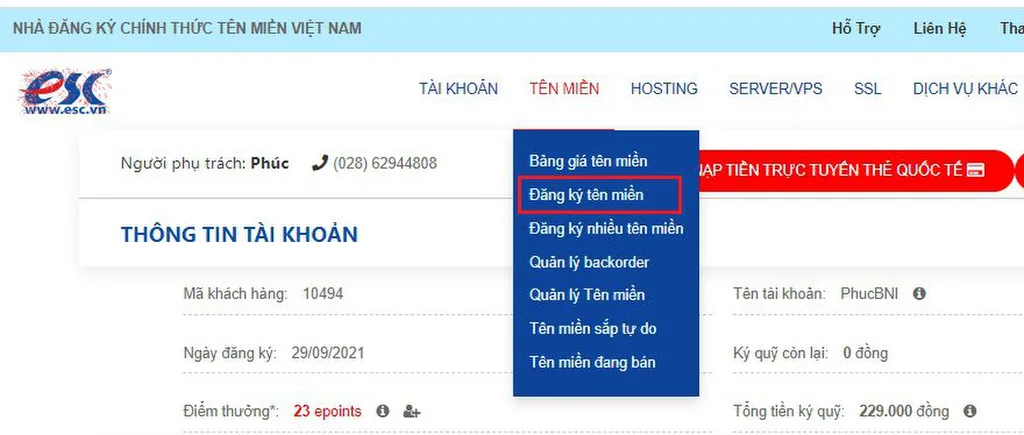 Chọn mục Tên miền - Đăng ký tên miền trên trang member ESC