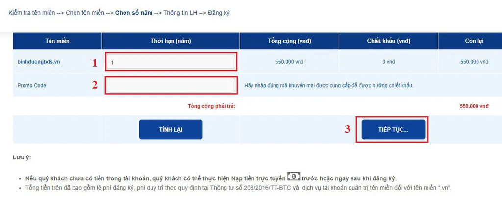 Chọn thời gian đăng ký tên miền và nhập mã giảm giá