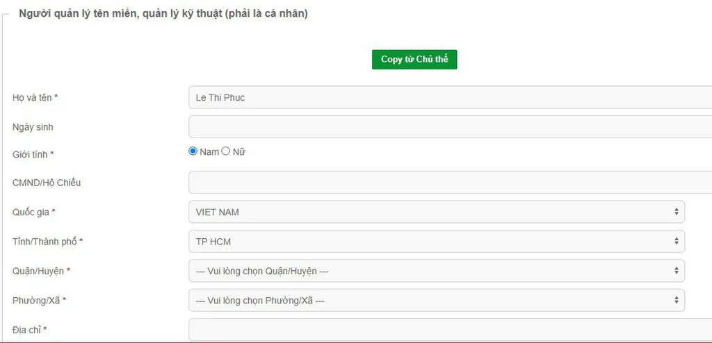 Khai báo thông tin người quản lý thanh toán