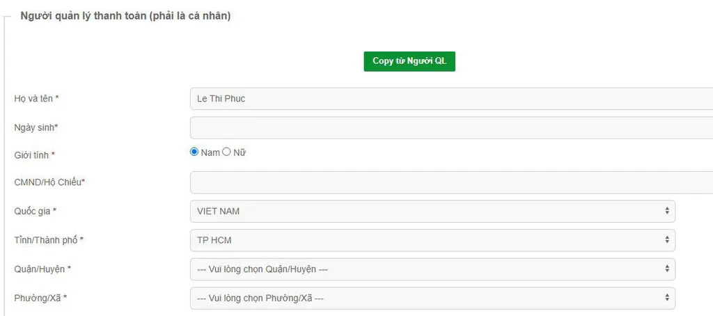 Nhập người quản lý thanh toán tên miền
