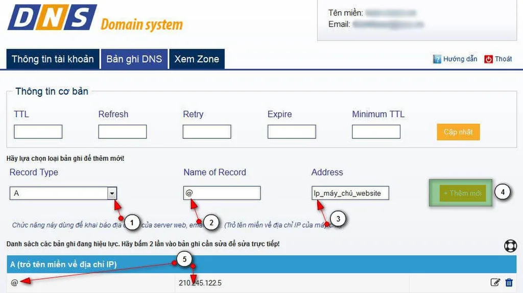Thao tác thêm bản ghi A cho tên miền chính