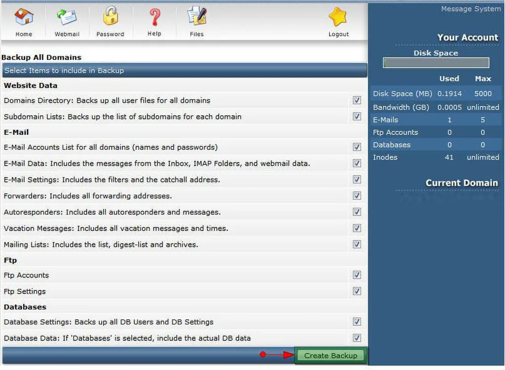 Chọn các mục và bấm Create Backup