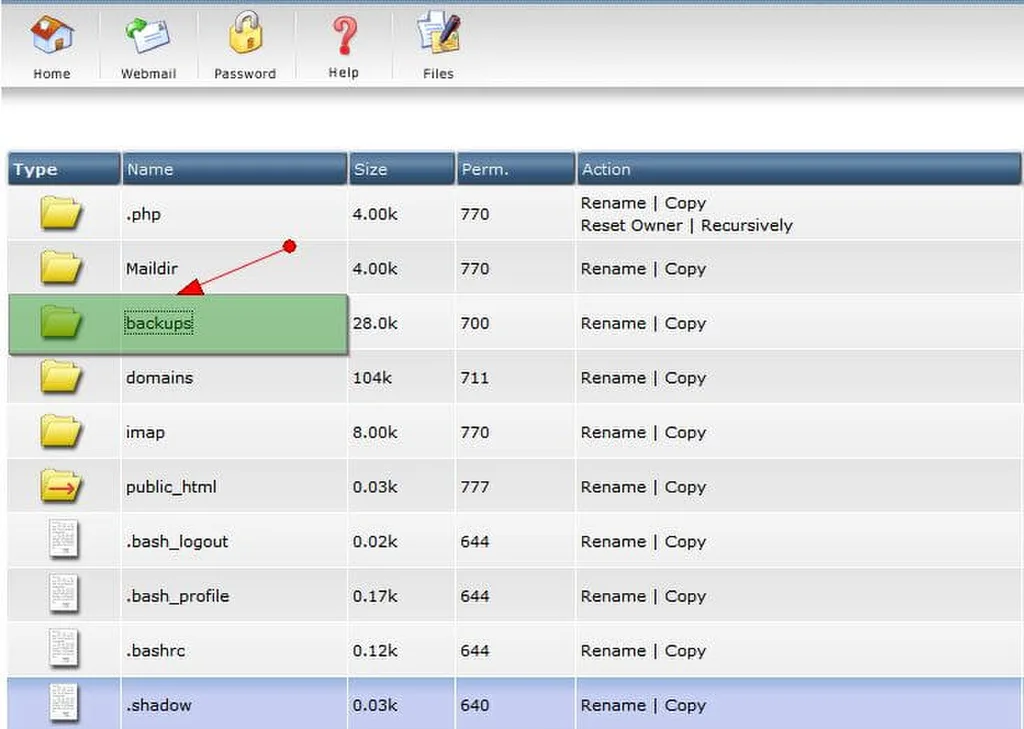 Mở thư mục backups
