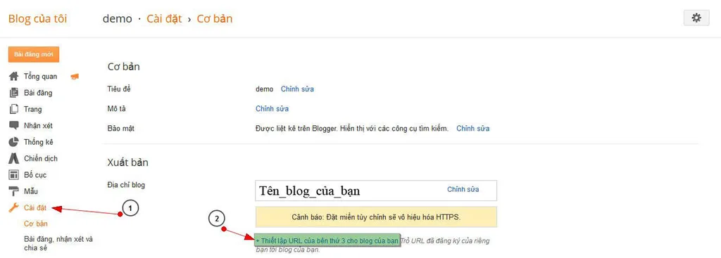 Mở menu cài đặt thiết lập URL bên thứ 3 trên Blogger
