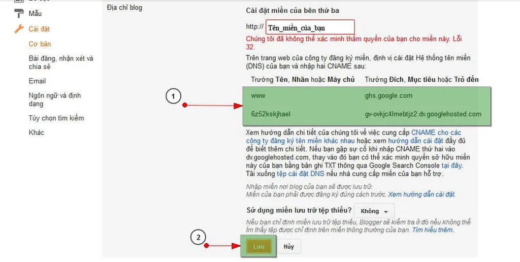 Lưu các chuỗi ký tự xác minh CNAME từ Blogger
