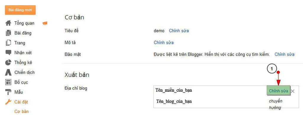 Nhấn chỉnh sửa tên miền tùy chỉnh trên Blogger