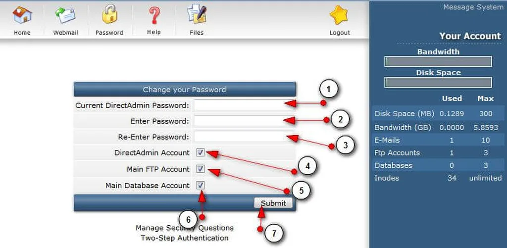 Giao diện đổi mật khẩu DirectAdmin
