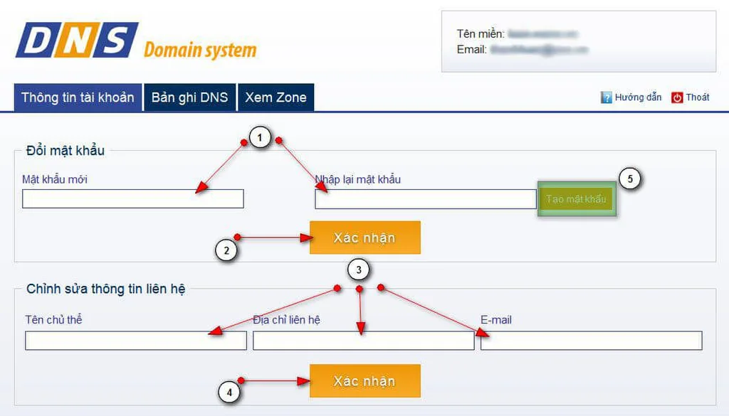 Chi tiết các mục thay đổi thông tin và mật khẩu