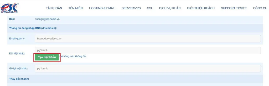 Tạo mật khẩu DNS mới