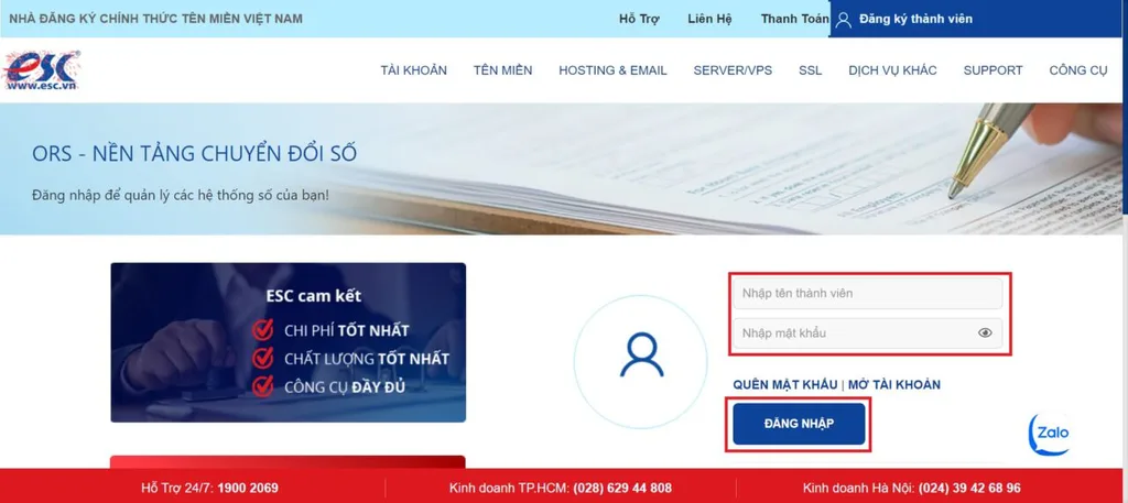 Đăng nhập trang quản lý member ESC