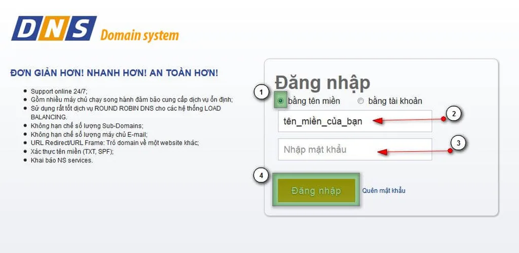 Hướng dẫn đăng nhập bằng tên miền trên dns.net.vn