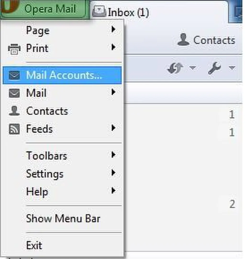 Chọn Mail Accounts trong menu Opera Mail