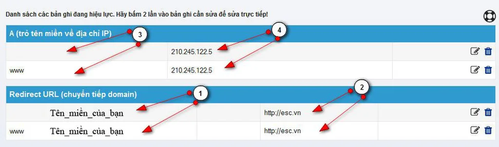 Danh sách bản ghi sau khi thêm Redirect URL