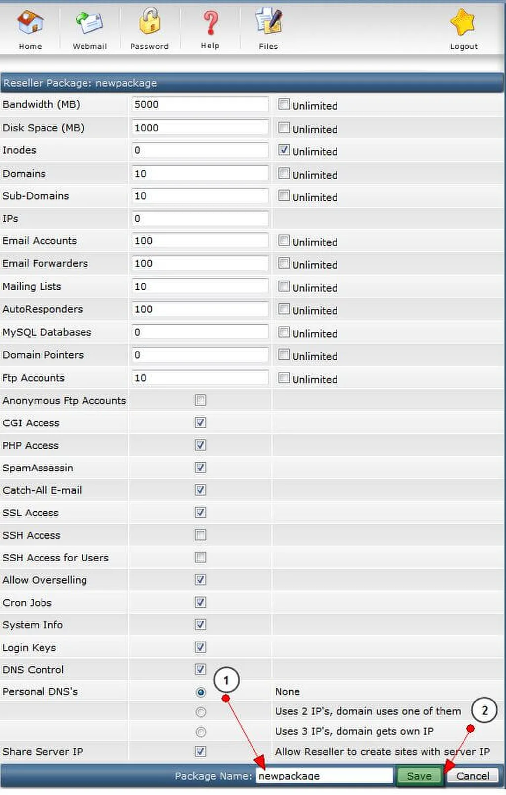 Cấu hình chi tiết các thông số Reseller Package