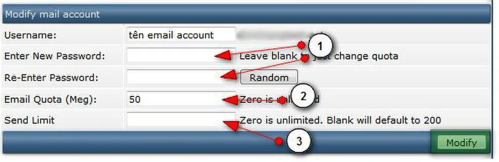 Giao diện cập nhật mật khẩu và dung lượng email