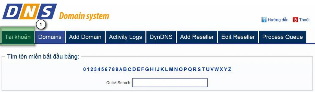 Menu Tài khoản trong trang DNS ESC