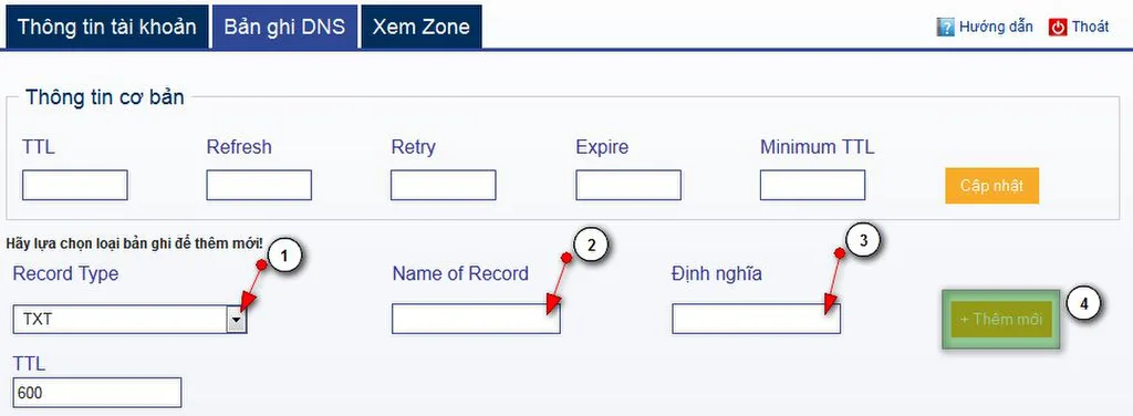 Hướng dẫn thêm bản ghi TXT trong giao diện quản lý DNS ESC