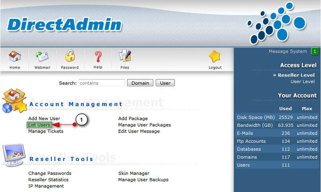 Danh sách người dùng List Users trên DirectAdmin Reseller